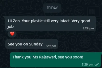 WhatsApp message from Ms Rajeswari about hip dustproofing