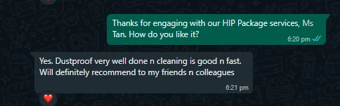 WhatsApp message from Ms Tan about hip package dustproofing