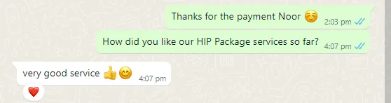 WhatsApp message from Noor about hip package