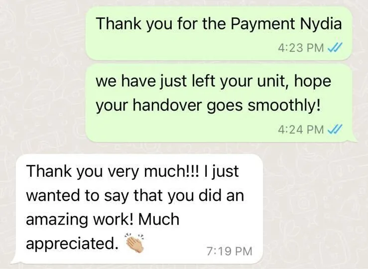 WhatsApp message from Nydia about end of tenancy cleaning