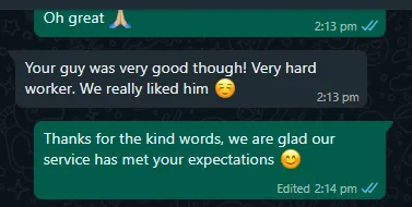 WhatsApp message from Rebecca about home cleaning