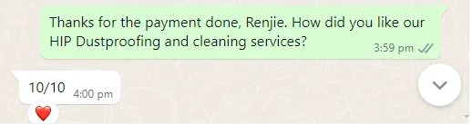 WhatsApp message from Renjie about hip dustproofing & cleaning