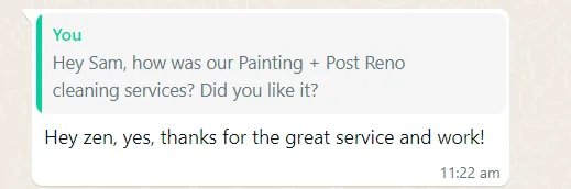 WhatsApp message from Sam about painting & post-reno cleaning