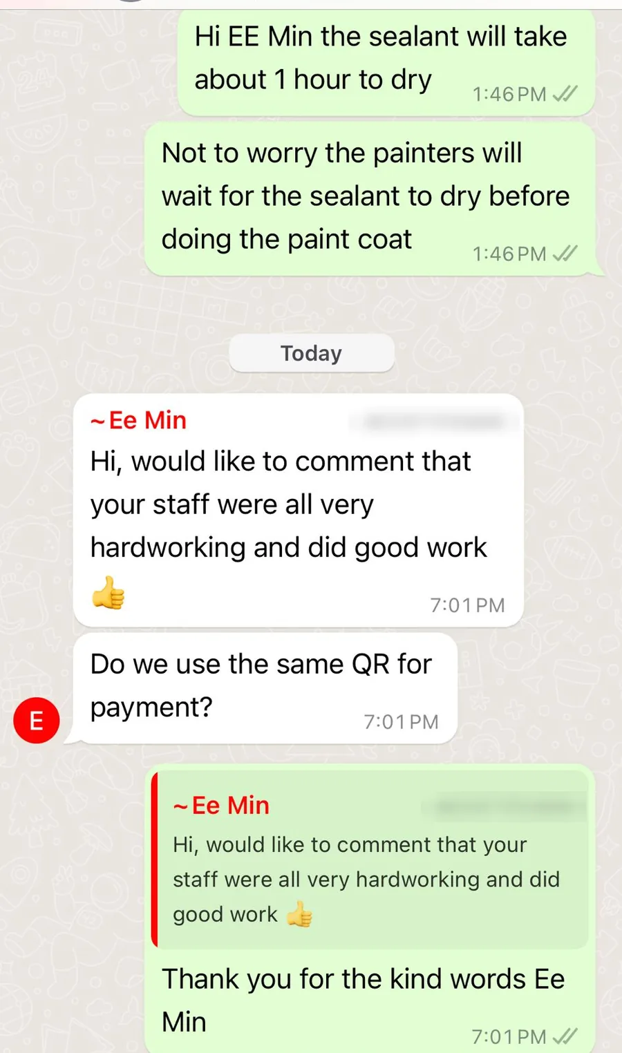 WhatsApp message from The Ho family about hip package & painting