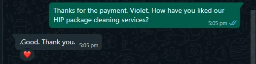 WhatsApp message from Violet about hip package cleaning