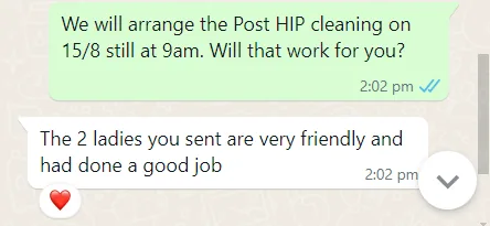 WhatsApp message from Wendy about post-hip cleaning