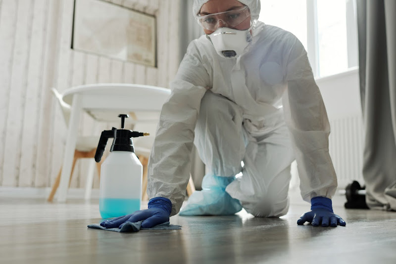 A team cleaning service employee doing parquet floor polishing. 